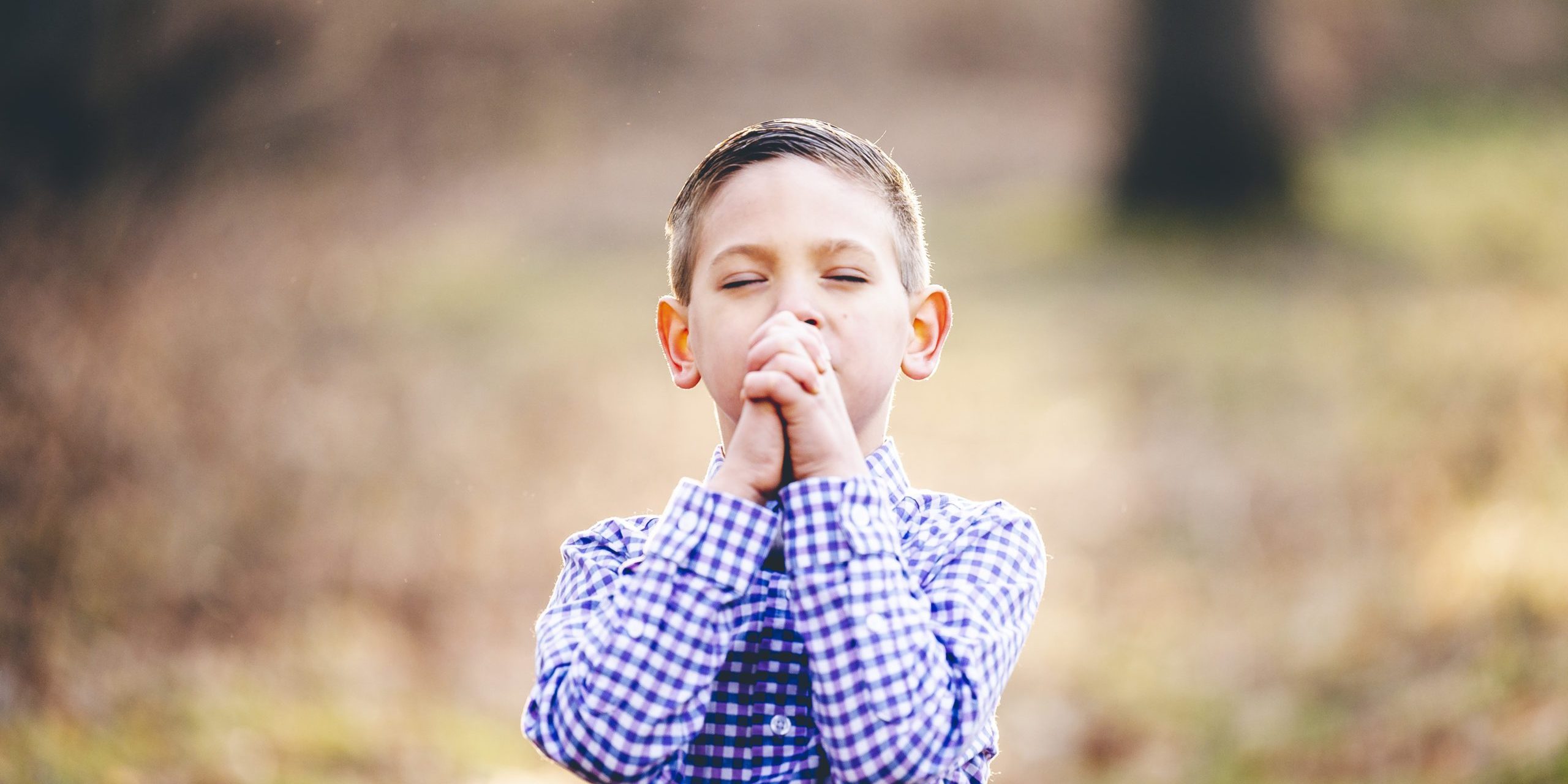 A portrait of a little Christian boy praying